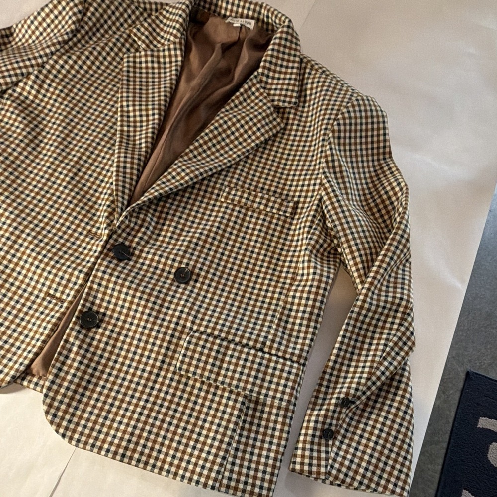 Moon River Women's Check Double-Breasted Lined Blazer Brown Beige M - Picture 2 of 13
